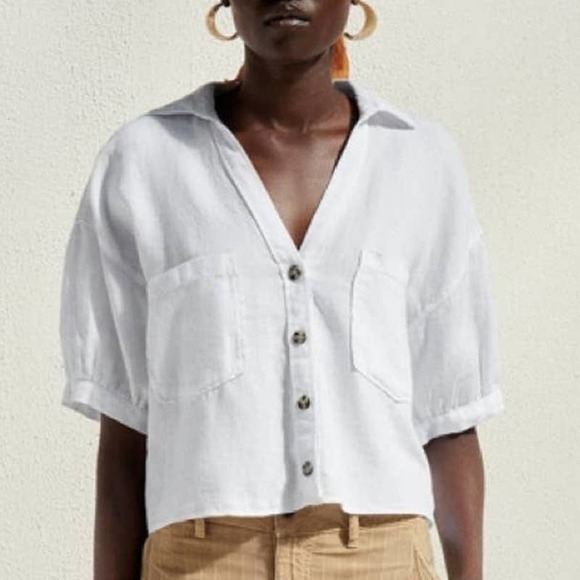 Zara Tops - Zara Women's Lightweight Button Up Linen Crop Blouse Short Sleeve White Size 4